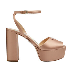 Prada 115mm Nudo Satin Logo Platform Sandal Ankle Strap Block Heel Pump 38.5
